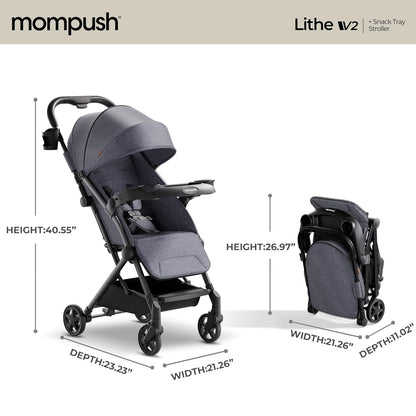 Mompush Lithe V2 Lightweight Travel Stroller, Compact Foldable Baby Stroller with Travel Bag, One-Hand Fold Stroller, Snack Tray, Mechanical Recline Seat, Airplane-Ready, UPF 50+ Canopy & Rain Cover
