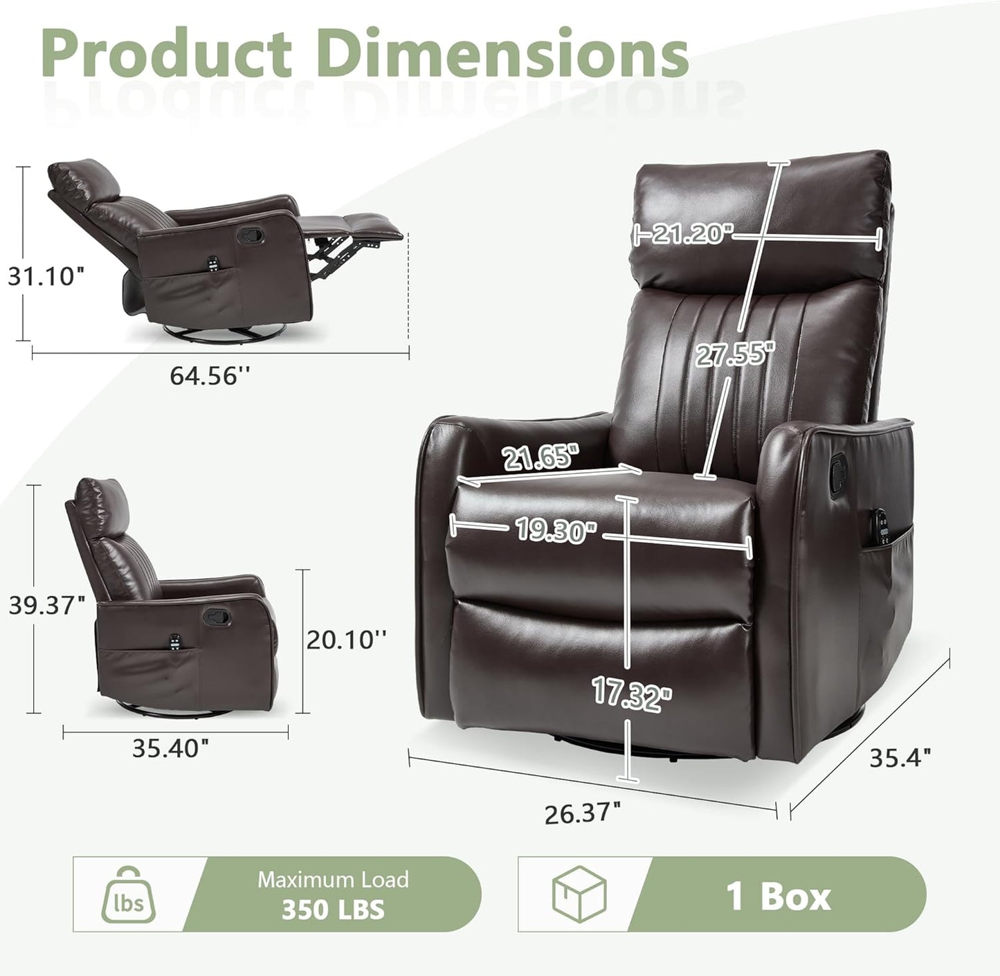 cinkehome Swivel Rocker Recliner, Glider Rocker Recliner Chair for Nursery, Manual Reclining Chair with Heated Massage, Small Spaces, Living Room, Khaki Chenille
