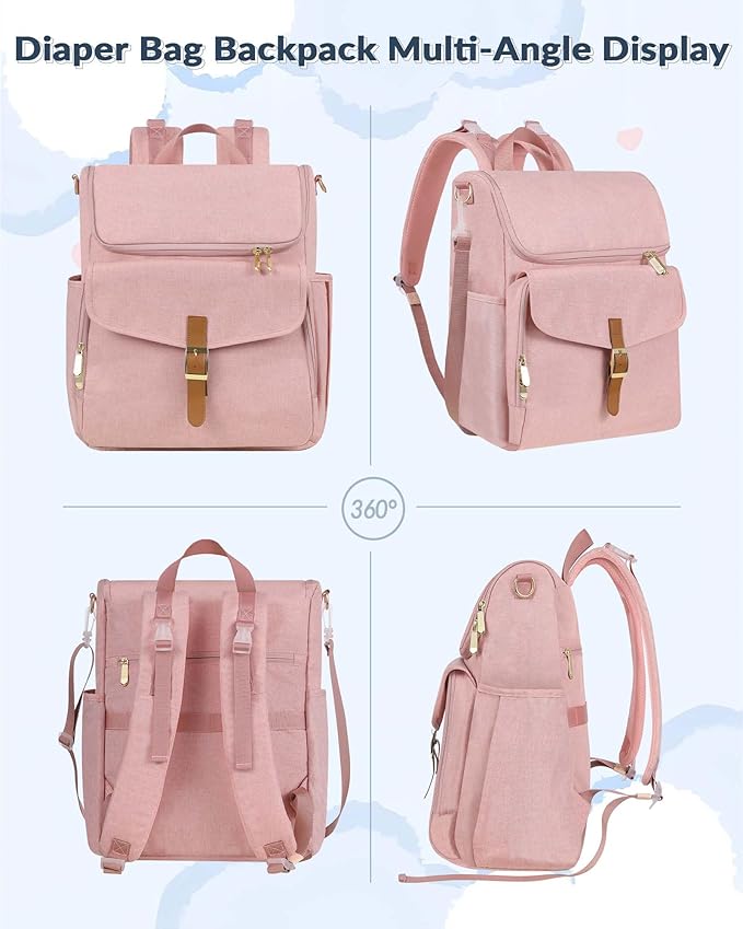 Baby Diaper Bag Backpack, 15 Pockets Newborn Baby Essential Travel bag, Multi Function Water Resistant Tote bag, Balancing Work and Life for Mon and Dad Pink