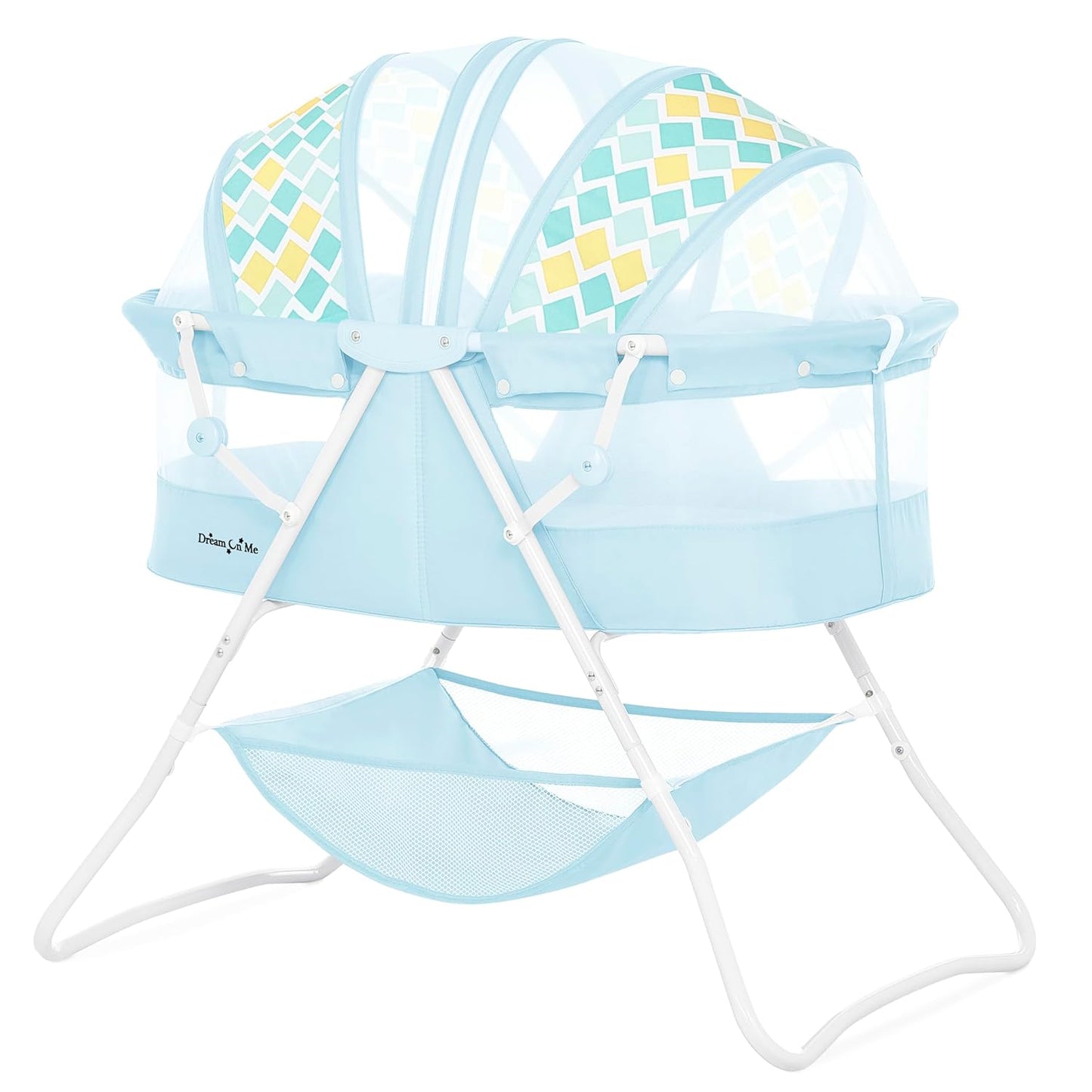 Dream On Me Karley Bassinet, Award Winner Lightweight Travel Baby Bassinet, Foldable Bedside Sleeper, Adjustable Double Canopy, Spacious Design, Soft Fabric, Storage Basket – Blue and Grey