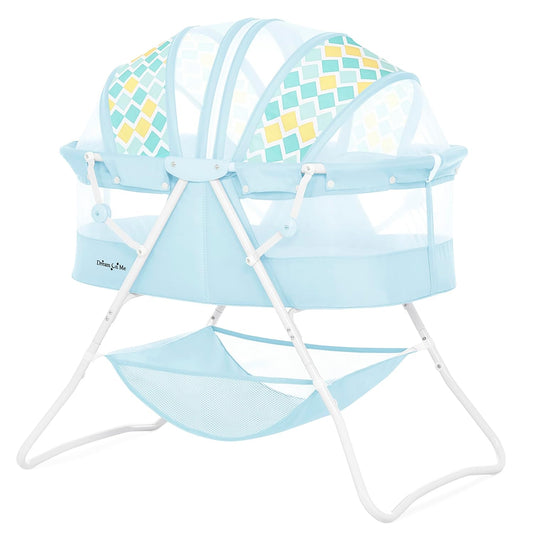 Dream On Me Karley Bassinet, Award Winner Lightweight Travel Baby Bassinet, Foldable Bedside Sleeper, Adjustable Double Canopy, Spacious Design, Soft Fabric, Storage Basket – Blue and Grey