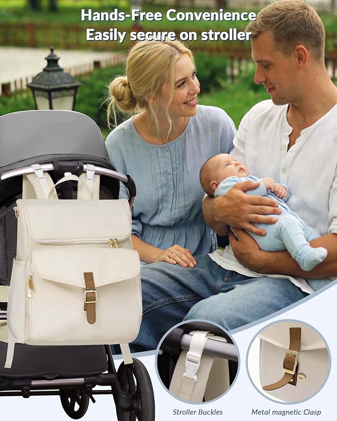 Diaper Bag Backpack, 15 Pockets Baby Bag, Girl Boy Travel Tote Bag with Insulated Pocket, Cute Diaper Bag Stroller Straps, Baby Shower & Registry Gift for Mom Dad Beige