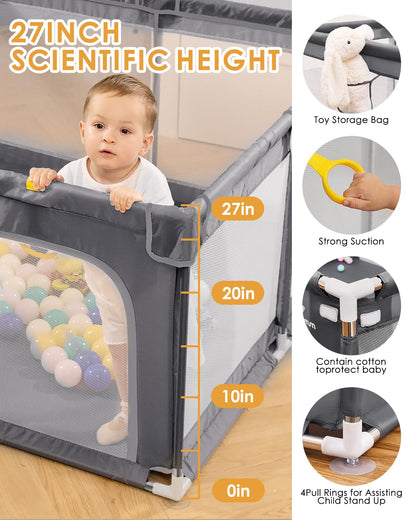 Baby Playpen with Mat, 71" x 59" Extra Large Play Yard for Babies and Toddlers, Baby Fence with Soft Thick Play Mat, Indoor Safety Activity Center for Infants, Easy to Assemble and Clean（Gray）