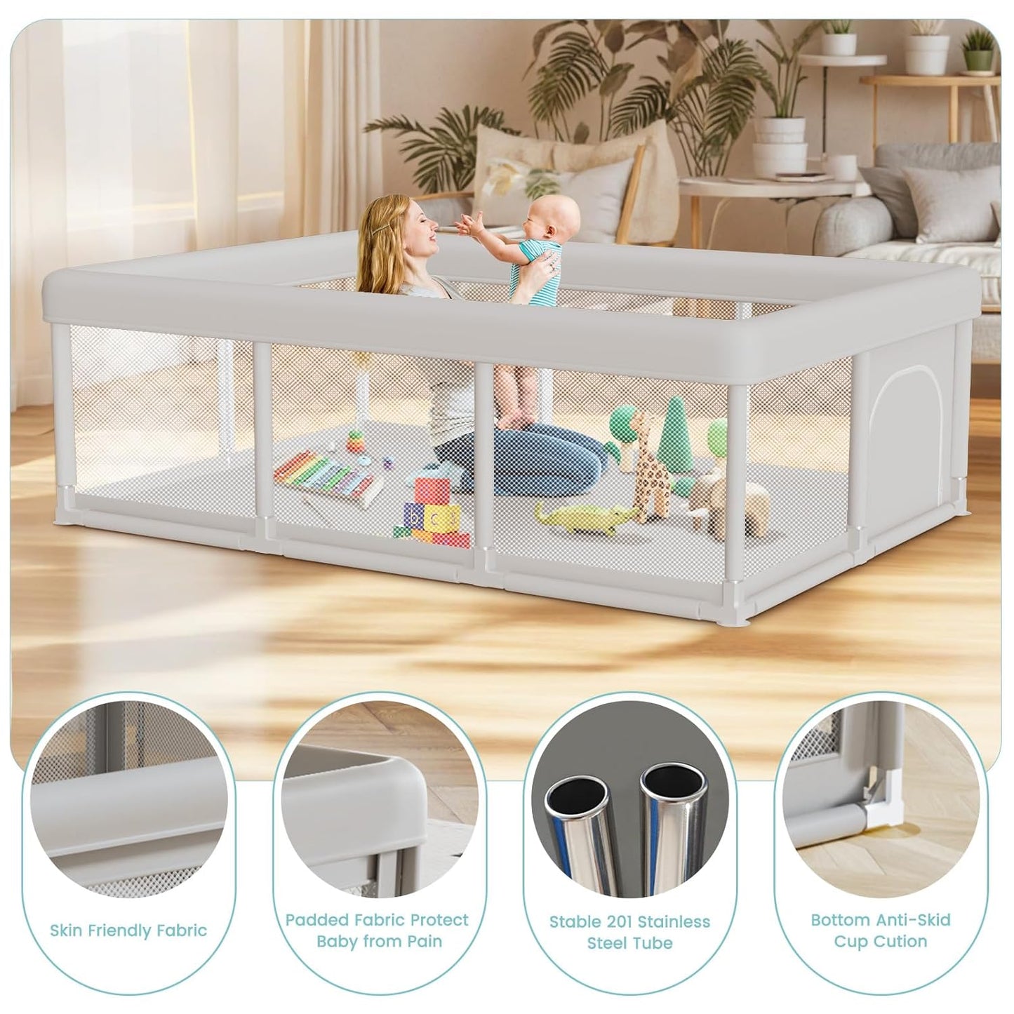 besuhot Baby Playpen Extra Large Play Yard 74" x 50" Playpen for Babies and Toddlers with Anti-Slip Suckers and Zipper Gate, Safety Baby Activity Center for Indoor & Outdoor