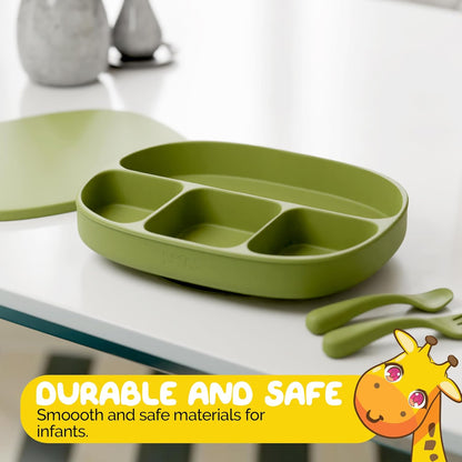 Toddler Necessities Baby Feeding Essentials Set for Baby in Green Color with Baby plates with Suction and Silicone Utensil Set - (3 Pieces)