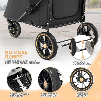 Magshion Compact Pet Stroller for Small-Medium Dogs/Cats up to 22lbs, 4-Wheel Lightweight Umbrella Shaped Portable Puppy Travel Jogger with Breathable Mesh, Cup Holder & Rear Storage, Black