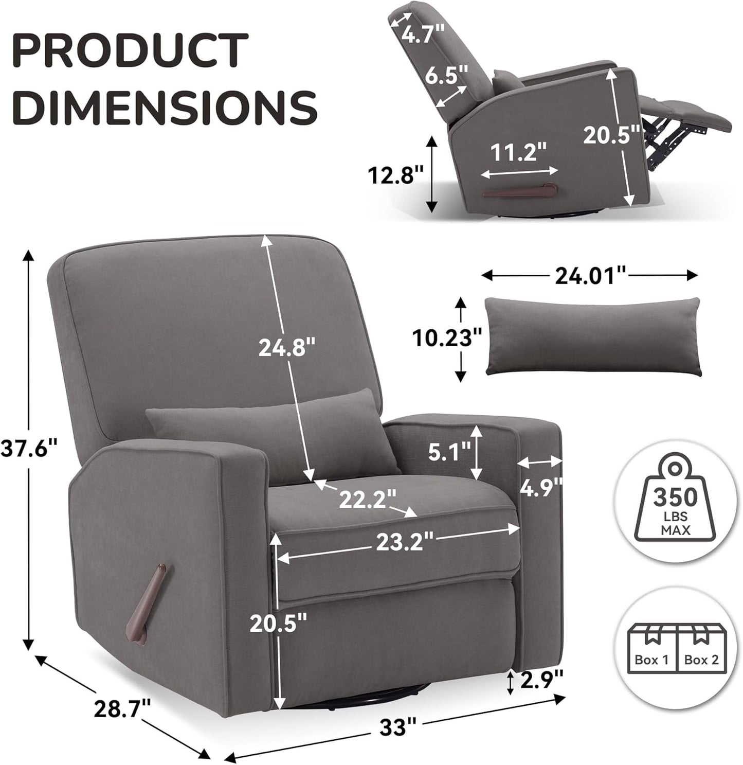Tbfit Nursery Rocking Chair,360°Swivel Recliner Chair with Lumbar Support for Bedroom, Comfy Upholstered Armchair with Pillows & Footrest for Living Room & Baby Room