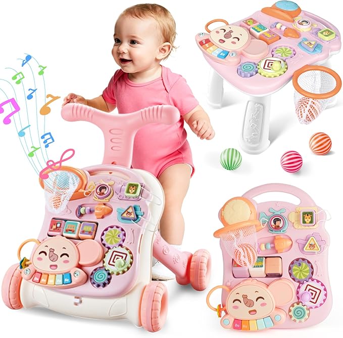 AuntyFey Baby Walker, 3 in 1 Push Walker for Baby Girls Boys, Baby Walking Toy for 1 Year Old Learning to Walk, Sit to Stand Baby Walker Push Toy for Girl 12 Months, Pink
