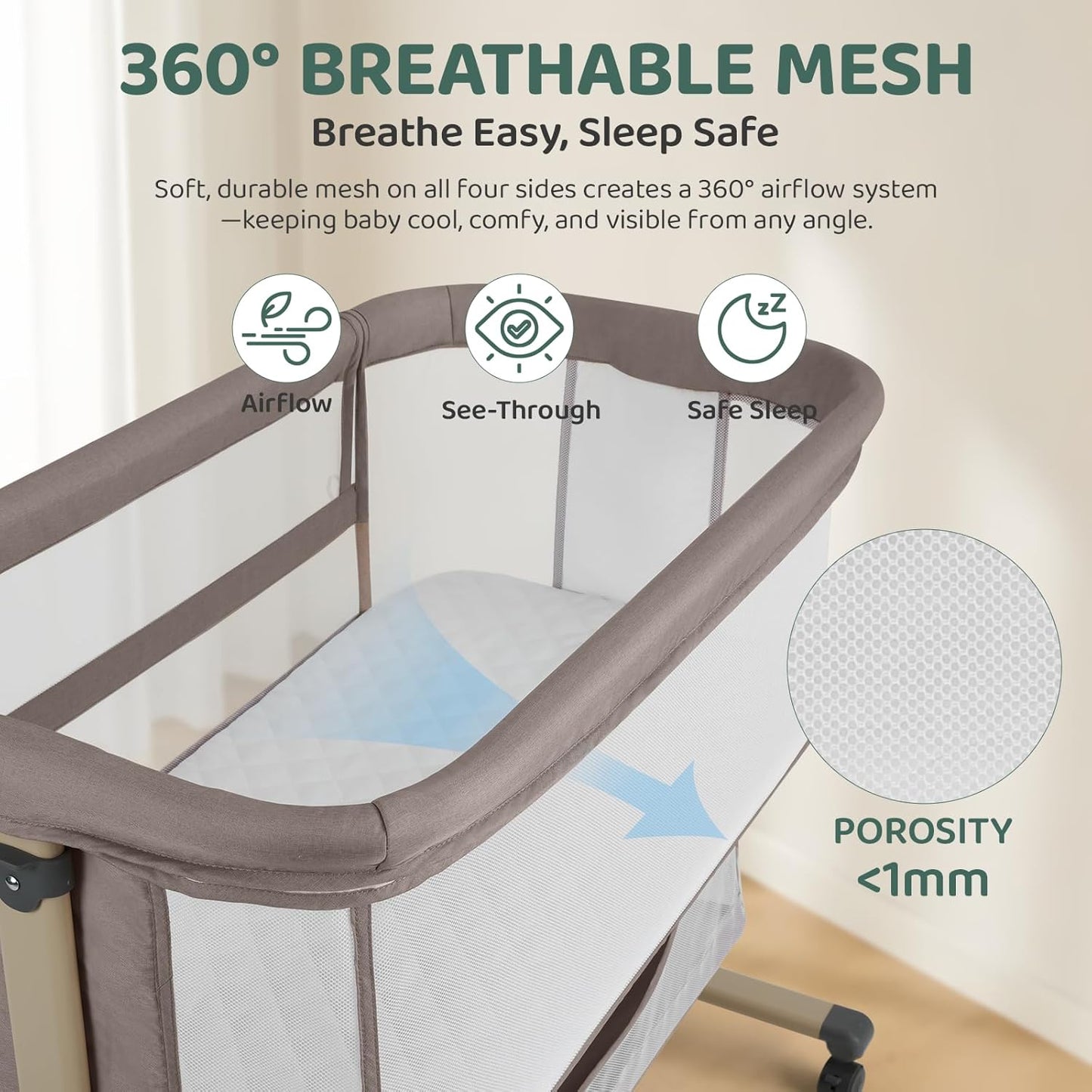 Cowiewie Bassinet Bedside Sleeper, Portable, Breathable, Adjustable Baby Bedside Bassinet for Peaceful Nights, Light Grey