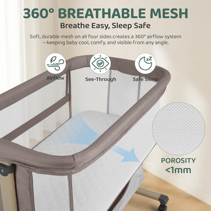Cowiewie Bassinet Bedside Sleeper, Portable, Breathable, Adjustable Baby Bedside Bassinet for Peaceful Nights, Light Grey