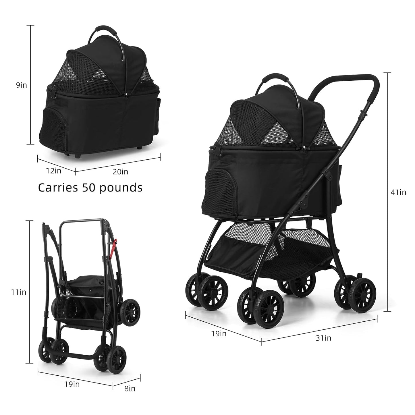 Pet Stroller Quickly Folds for Easy Storage Cat Stroller with Detachable Carrier Thickened Oxford Cloth Breathable Basket Dog Strollers for Small Dogs (Black)