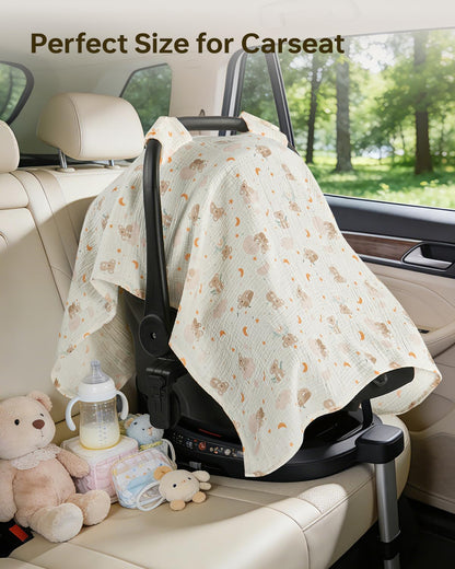 100% Muslin Cotton Car Seat Cover for Baby, Soft Breathable Car Seat Canopy, Universal Infant Carseat Cover Sun Protector, Lightweight Summer Stroller Cover for Boys Girls - Strawberry