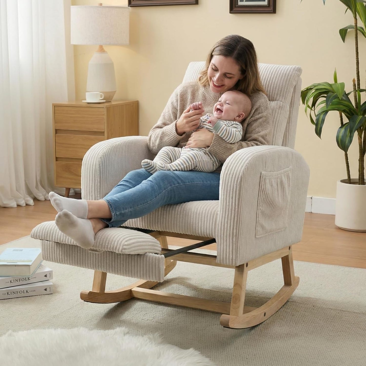 NIOIIKIT Nursery Rocking Chair, Corduroy Upholstered Rocking Chair with Adjustable Footrest, Tufted Rocker Chair with Side Pocket, Glider Rocker for Living Room, Bedroom (Cream Retro)
