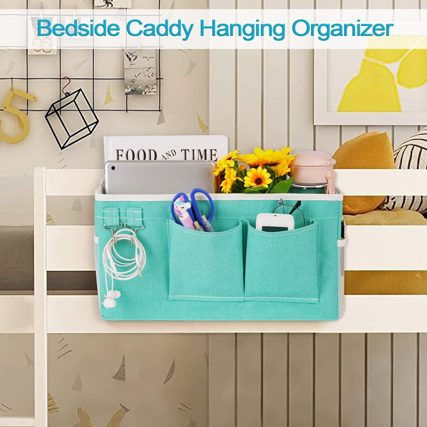 Loghot Bedside Caddy/Bedside Storage Bag Hanging Organizer for Bunk and Hospital Beds,Dorm Rooms Bed Rails,Can be Placed Glasses,Books,Mobile Phones,Keys (White)
