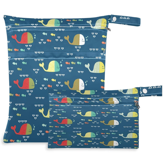 visesunny Kids Doodle Style Funny Whales And Colorful Fish 2Pcs Wet Bag with Zippered Pockets Washable Reusable Roomy for Travel,Beach,Pool,Daycare,Stroller,Diapers,Dirty Gym Clothes, Wet Swimsuits, T