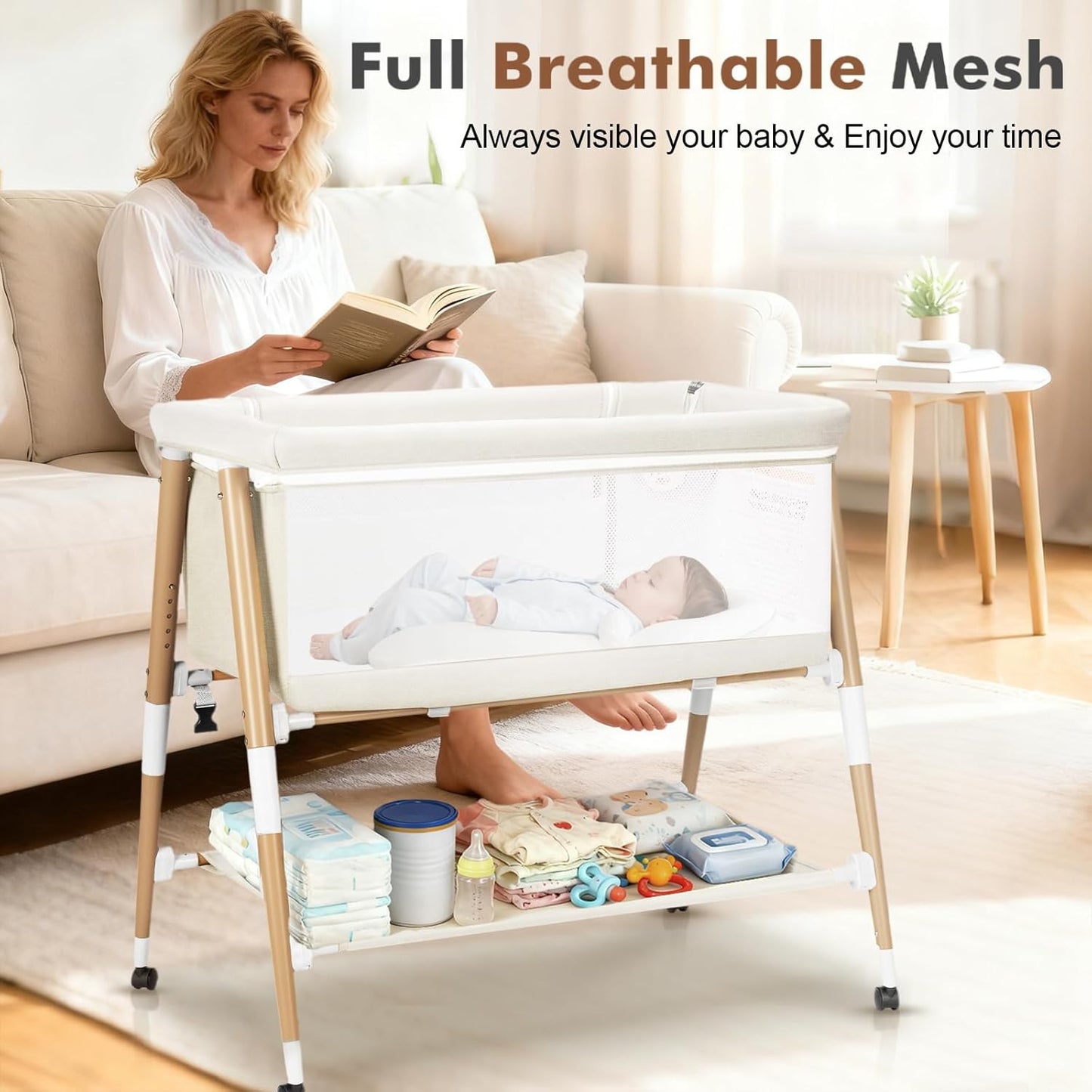 Baby Bassinet, 3 in 1 Bedside Bassinet Sleeper for Newborn, Portable Baby Crib with 4 Detachable Wheels & Adjustable Height, Breathable Mesh & Mattress, Mosquito Net& Storage Basket (Grey)