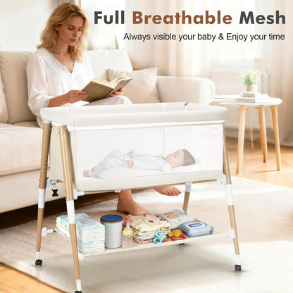 Baby Bassinet, 3 in 1 Bedside Bassinet Sleeper for Newborn, Portable Baby Crib with 4 Detachable Wheels & Adjustable Height, Breathable Mesh & Mattress, Mosquito Net& Storage Basket (Grey)
