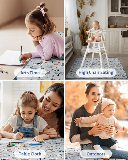 Blissful Diary Baby Splat Mat for Under High Chair, 50.4 x 50.4 Inch Wipeable Splash Mat, Waterproof and Washable, Anti-Slip Floor Protector, Retro Rainbow