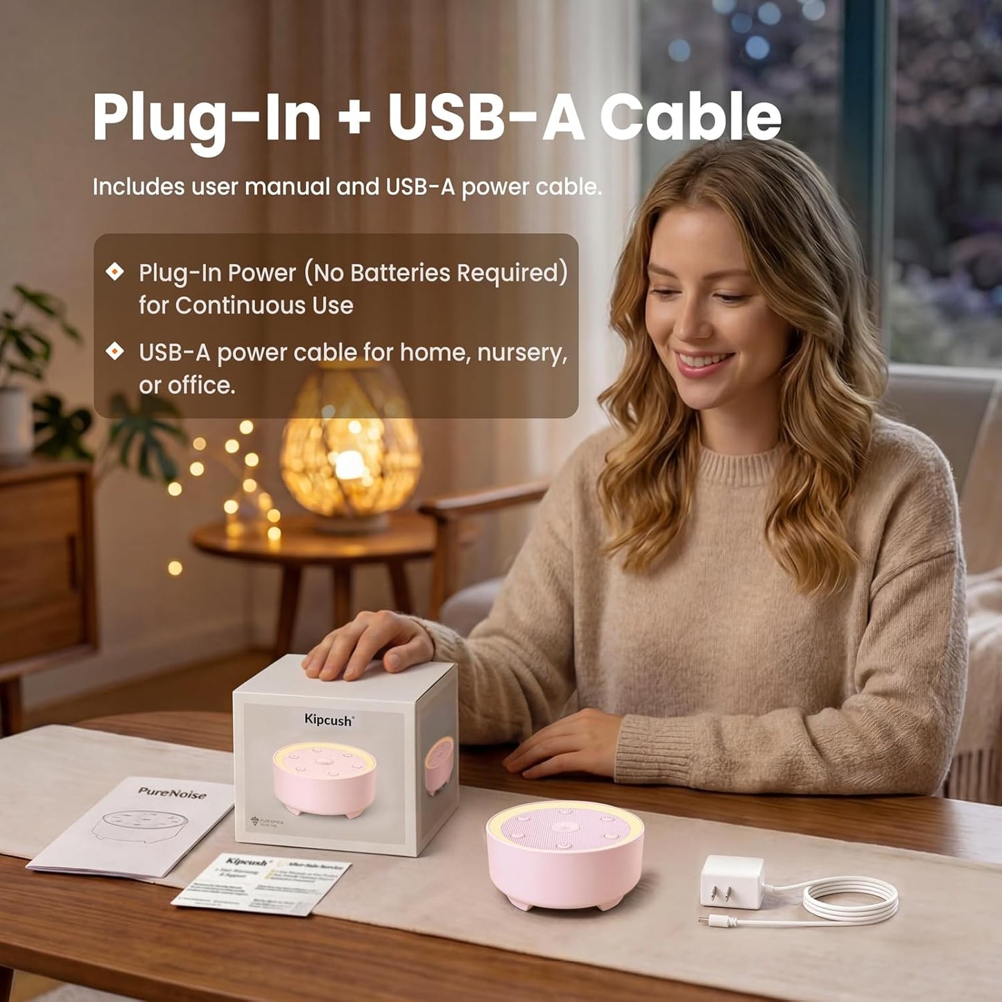 Kipcush White Noise Machine - 21 Soothing Non-Looping Sounds, Dimmable Night Light, & Blind-Touch Buttons | USB-Powered Portable Sleep Therapy for Babies, Adults, Office & Travel - White