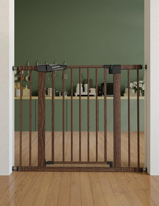 Mom's Choice Award Winner-Babelio 26-40" Metal Baby Gate with Black Wood Pattern, PressGuard C5 Easy Install Pressure Mounted Dog Gate for Stairs and Doorways, with Wall Protectors and Extension Kits