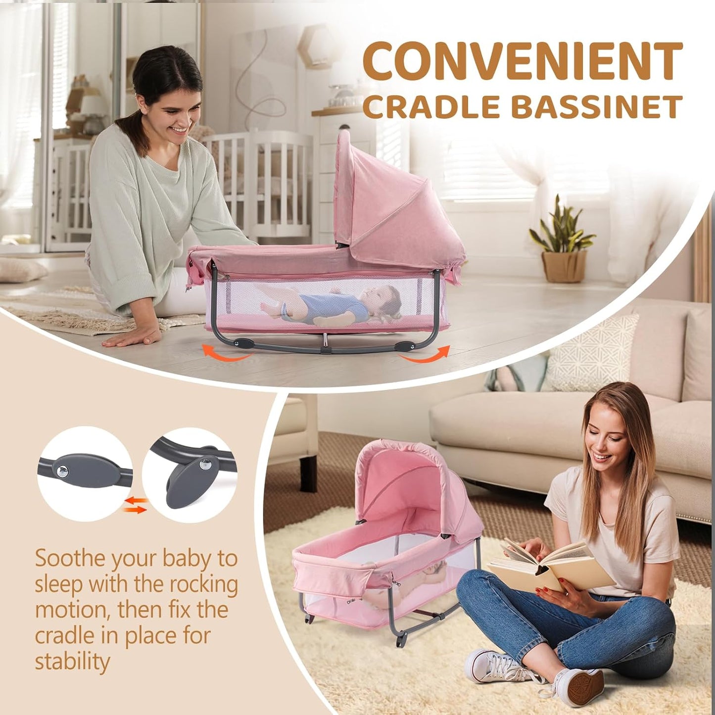 JOYMOR Twin Bassinet for Baby, Beige Bedside Bassinet, Convertible to Bedside Sleeper and Playpen, with Wheel, Brake, Foldable Side Sleeper,Beige