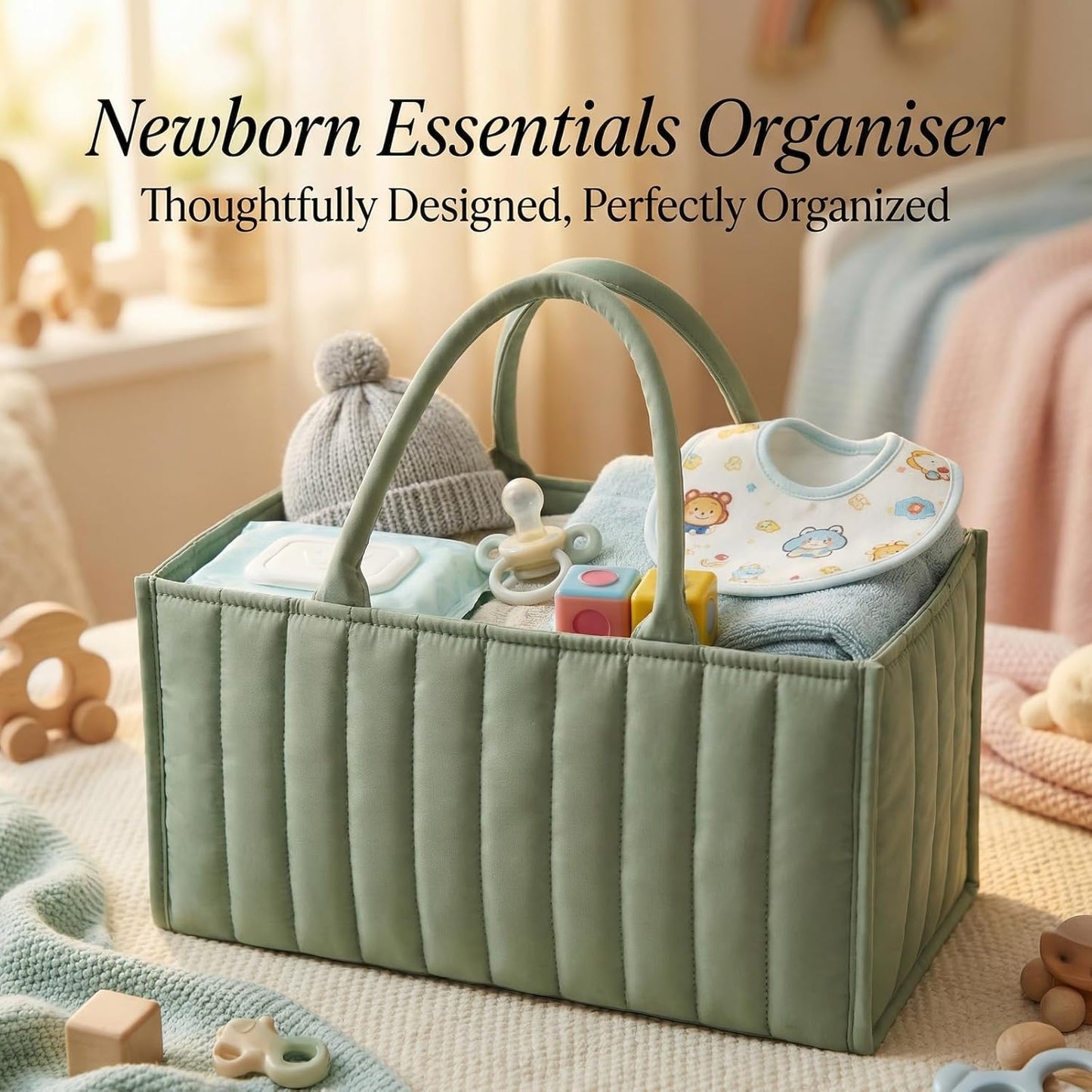 Portable Baby Essentials Organizer, 15x10x7 Inch Diaper Caddy for Nursery Storage, Handy Car Organizer for Newborn Must Haves
