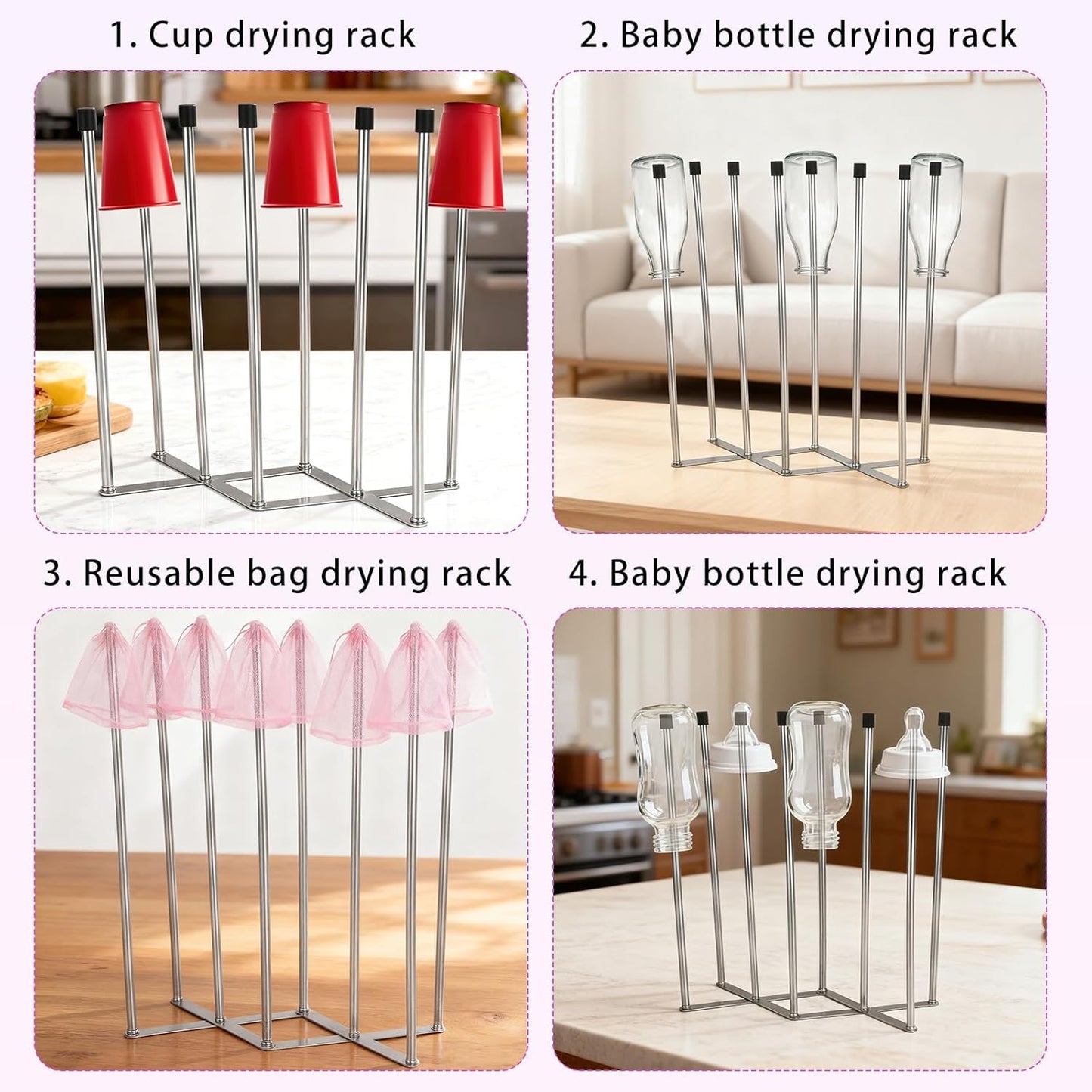 Foldable Bottle Drying Rack, Baby Newborn Extendable Water Bottle Drying Holder Fast Cup Dryer with Non-Slip Silicone Bottom Storage Bag Drainer Rack for Kitchen Home Organizer