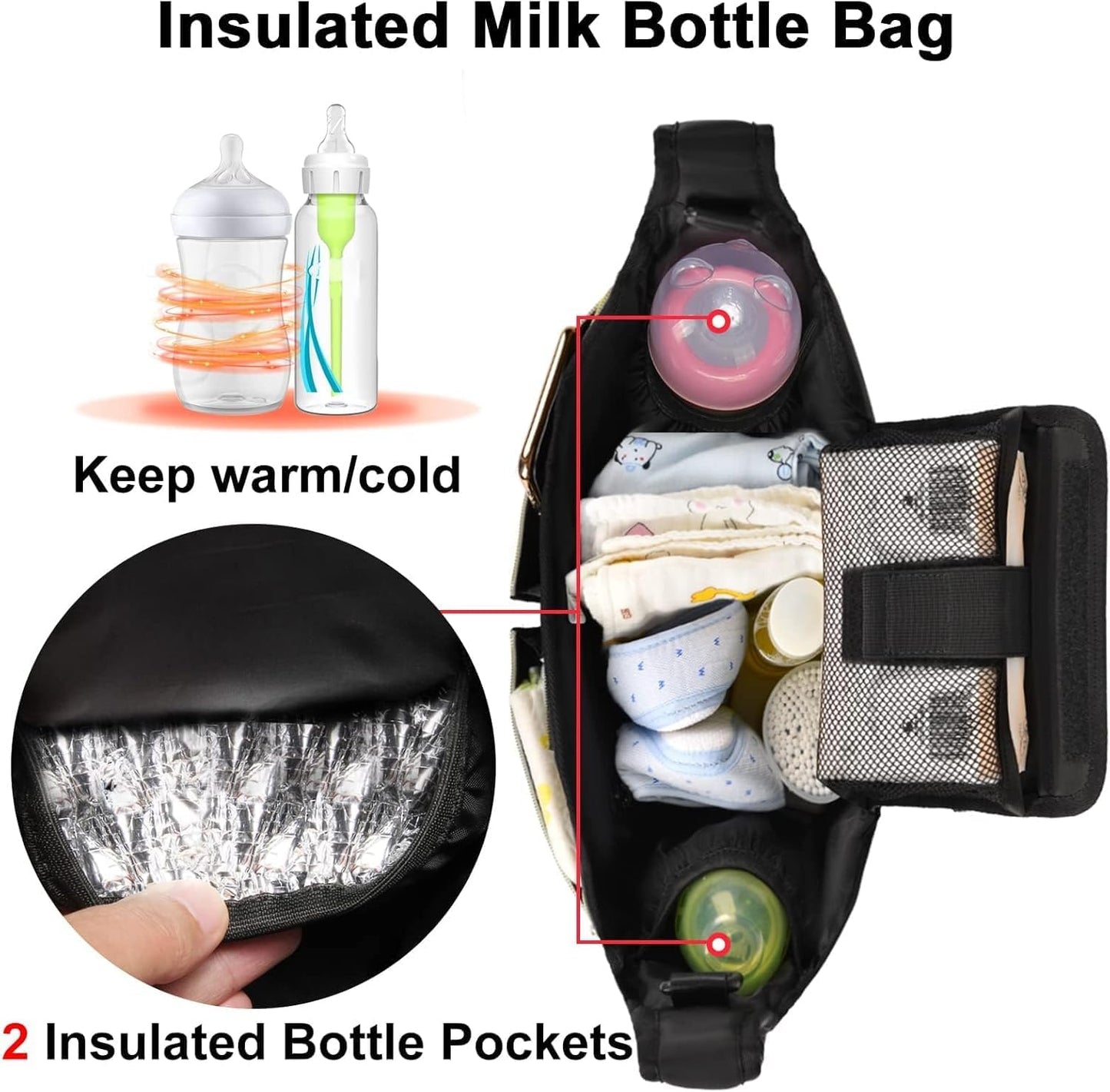 Universal Stroller Organizer Bag, Black Quilted Design with 2 Insulated Bottle Pockets, Multiple Storage Compartments, Tissue Holder, 6 x 4 x 2.5 Inches