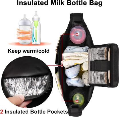 Universal Stroller Organizer Bag, Black Quilted Design with 2 Insulated Bottle Pockets, Multiple Storage Compartments, Tissue Holder, 6 x 4 x 2.5 Inches