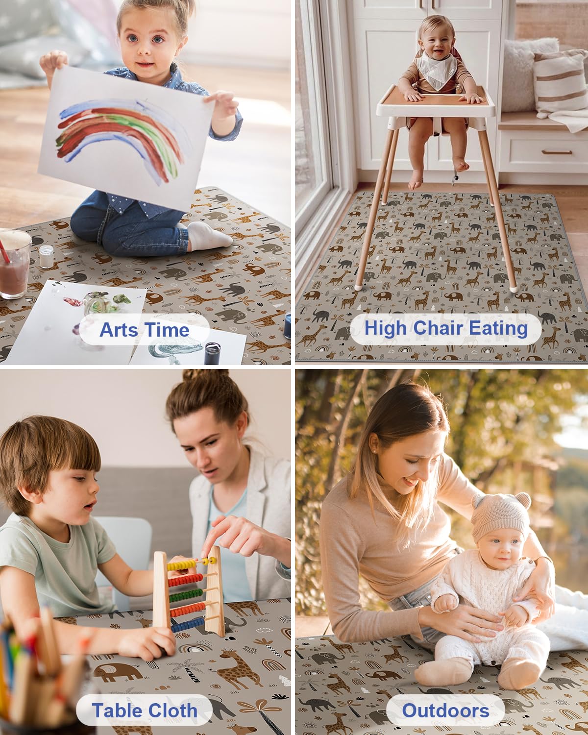Blissful Diary Baby Splat Mat for Under High Chair, 50.4 x 50.4 Inch Wipeable Splash Mat, Waterproof and Washable, Anti-Slip Floor Protector, Retro Rainbow