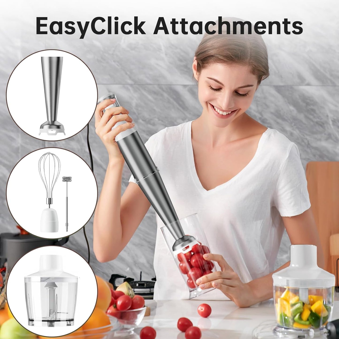Turelar Immersion Blender Handheld Corded Hand Blenders Set 1100W, Trigger Variable Speed 5 in 1 Stick Emulsifier with Chopper, Whisk and Frother for Soup, Baby Food and Smoothies, Orange