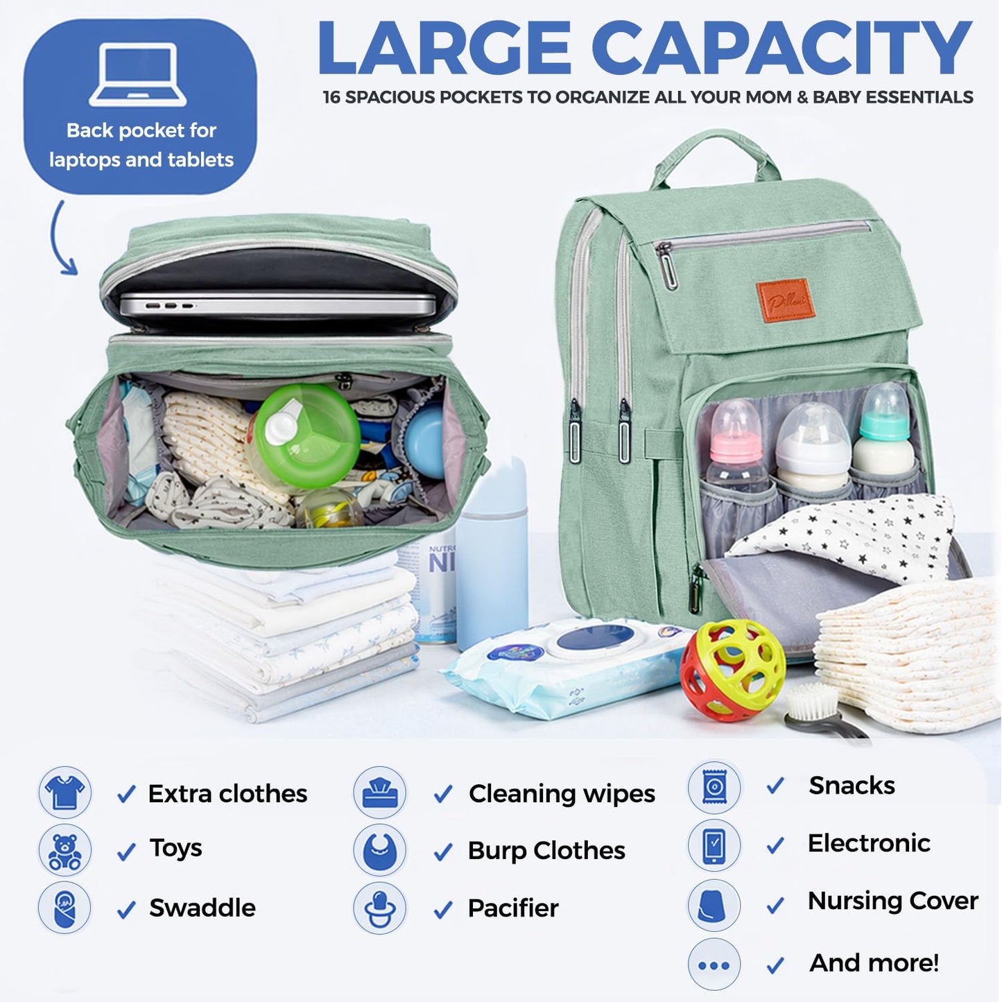 PILLANI Baby Diaper Bag Backpack - Large Waterproof Travel Diaper Bag for Boys & Girls, 16 Organizer Pockets with Changing Pad, Insulated Bottle Pockets & Stroller Straps, Baby Shower Gifts, Dinosaur