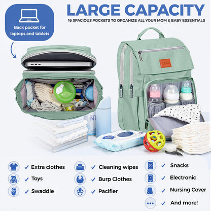 PILLANI Baby Diaper Bag Backpack - Large Waterproof Travel Diaper Bag for Boys & Girls, 16 Organizer Pockets with Changing Pad, Insulated Bottle Pockets & Stroller Straps, Baby Shower Gifts, Dinosaur