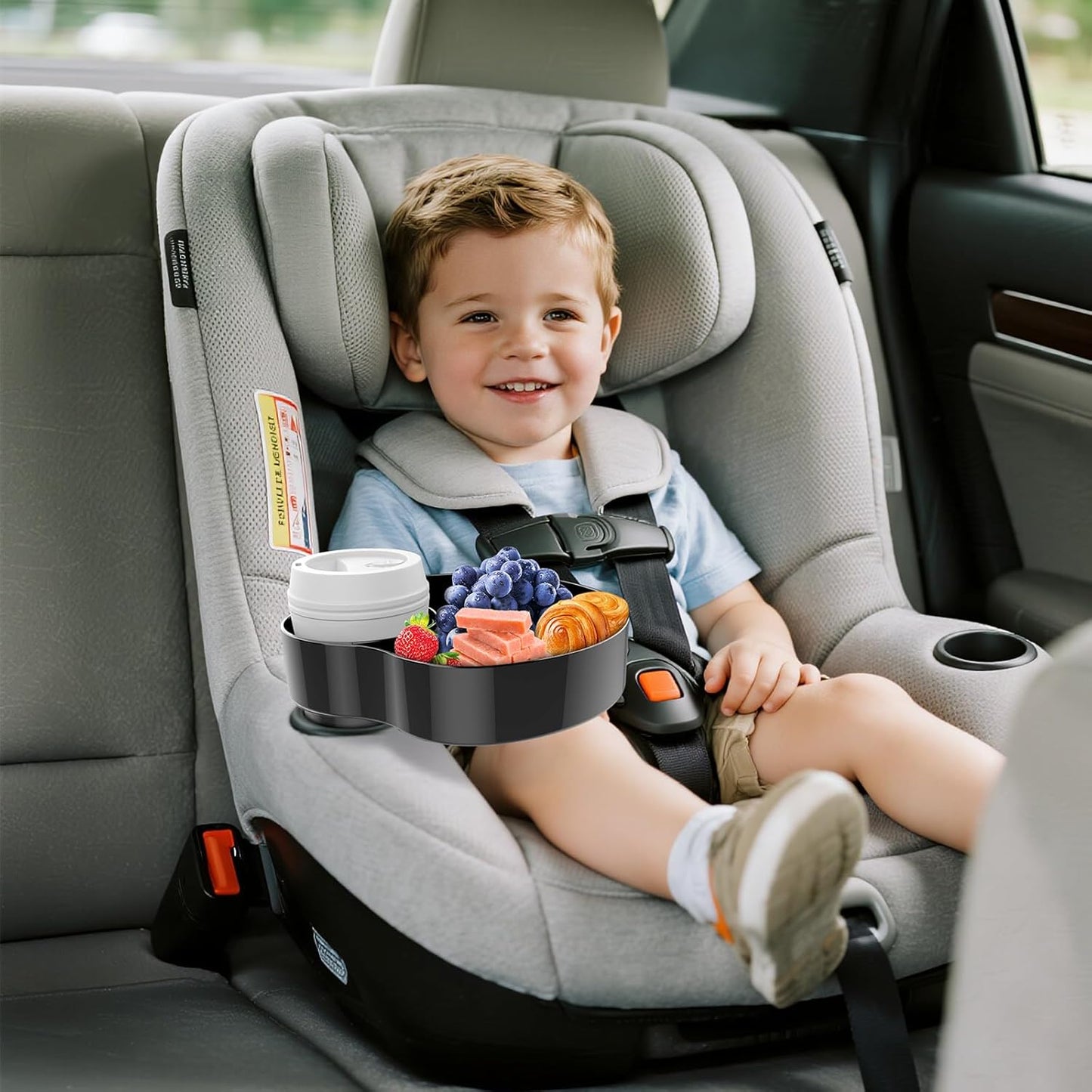 Kids Car Seat Tray, Travel Tray with Cup Holder for Toddler, Baby Car Seat Food Snack Organizer for Road Trip, Stroller snack tray travel must haves (Black 2 Packs)