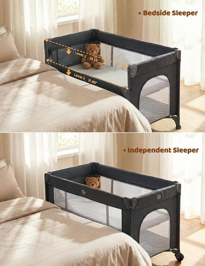 Dripex 5 in 1 Pack n Play Bedside Sleeper, 2-Level Height Baby Crib, Storage Pocket & Breathable Mesh - Foldable Portable Baby Bedside Bassinet for 0 to 12 Months (Travel/Home), Dark Grey