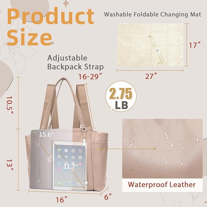 miss fong Diaper Bag Tote Leather Diaper Bag Backpack, Large Capacity Mommy Bag Hospital Bag, 12 Pockets Travel Diaper Tote with Changing Pad Pañaleras Para Bebe for Moms & Dad-Khaki