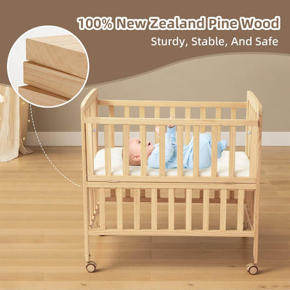 Flwrgirl Baby Bassinets Bedside Sleeper - Portable Pine Wood Bedside Bassinet with Mattress,3 Heights Small Mini Crib,Baby Crib for Newborns,Unpainted | Pine Wood Bassinet, Mattress Included, 3-IN-1 Convertible, Adjustable Height, Locking Wheels, Portalbe
