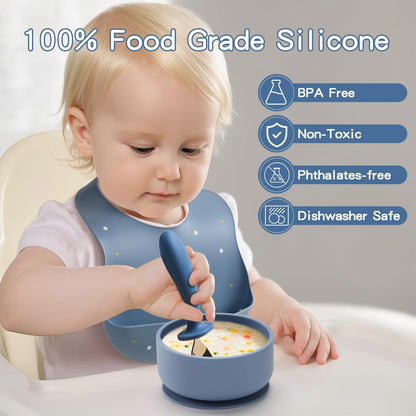 Silicone Feeding Set, 13PCS Baby Feeding Essentials with Suction Bowl & Plate, Spoons & Forks, Bib & Cup, Toothbrush, Baby Led Weaning Supplies for 6+ Months, Eating Essentials (Blue)