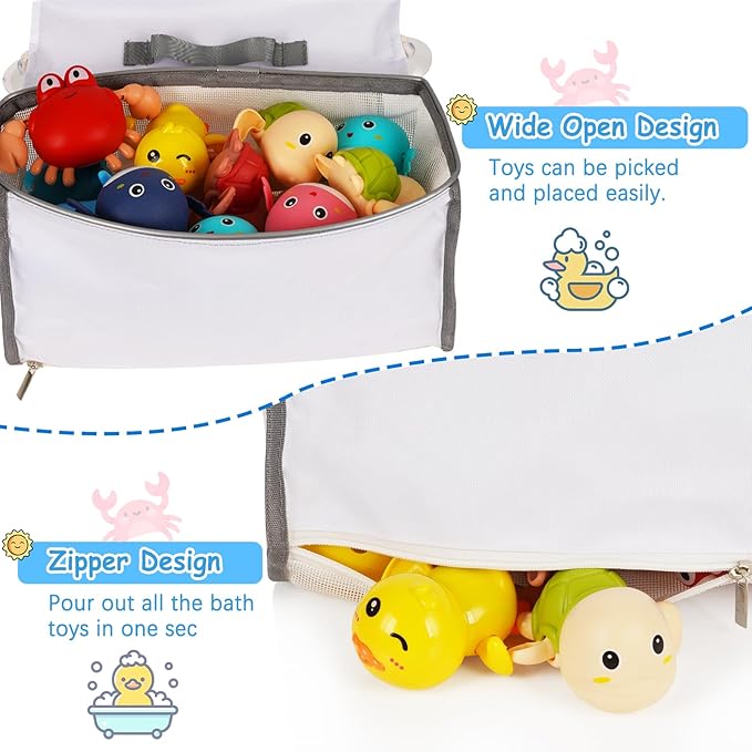 Saddle Shape Bath Toy Organizer, 2 Compartments Wide Opening Mesh Bath Tub Toy Storage for Easy Access to Toys, Side Pockets & Bottom Zipper Design, Quick Drying Toy Holder for Tub (Gray)