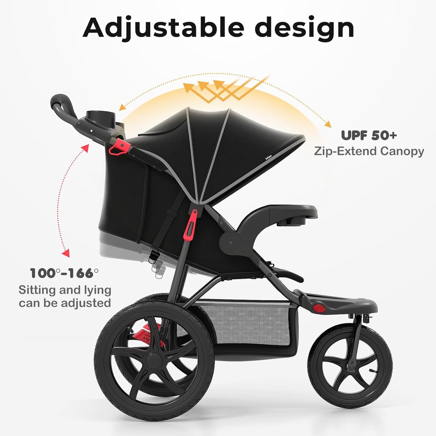 INFANS Jogging Stroller, Foldable Jogger with Air-Filled Tires Shock Absorbing Suspension Adjustable Backrest, Baby Running Strollers