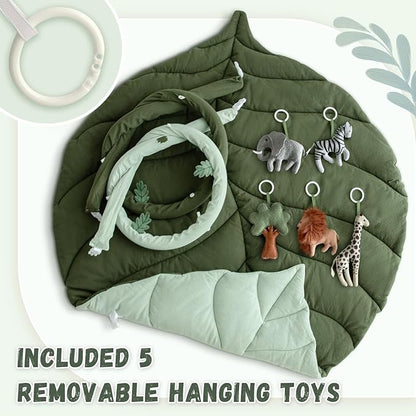 Baby Play Gym with Mat Leaf Shaped, Baby Play Mat with 5 Hanging Toys Tummy Time Mat, Baby Gym Activity Center, Washable (Green)