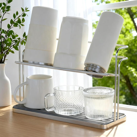 Bottle Drying Rack,Coffee Mug Holder with Drain Tray for Coffee Cup,Water Cup(White)