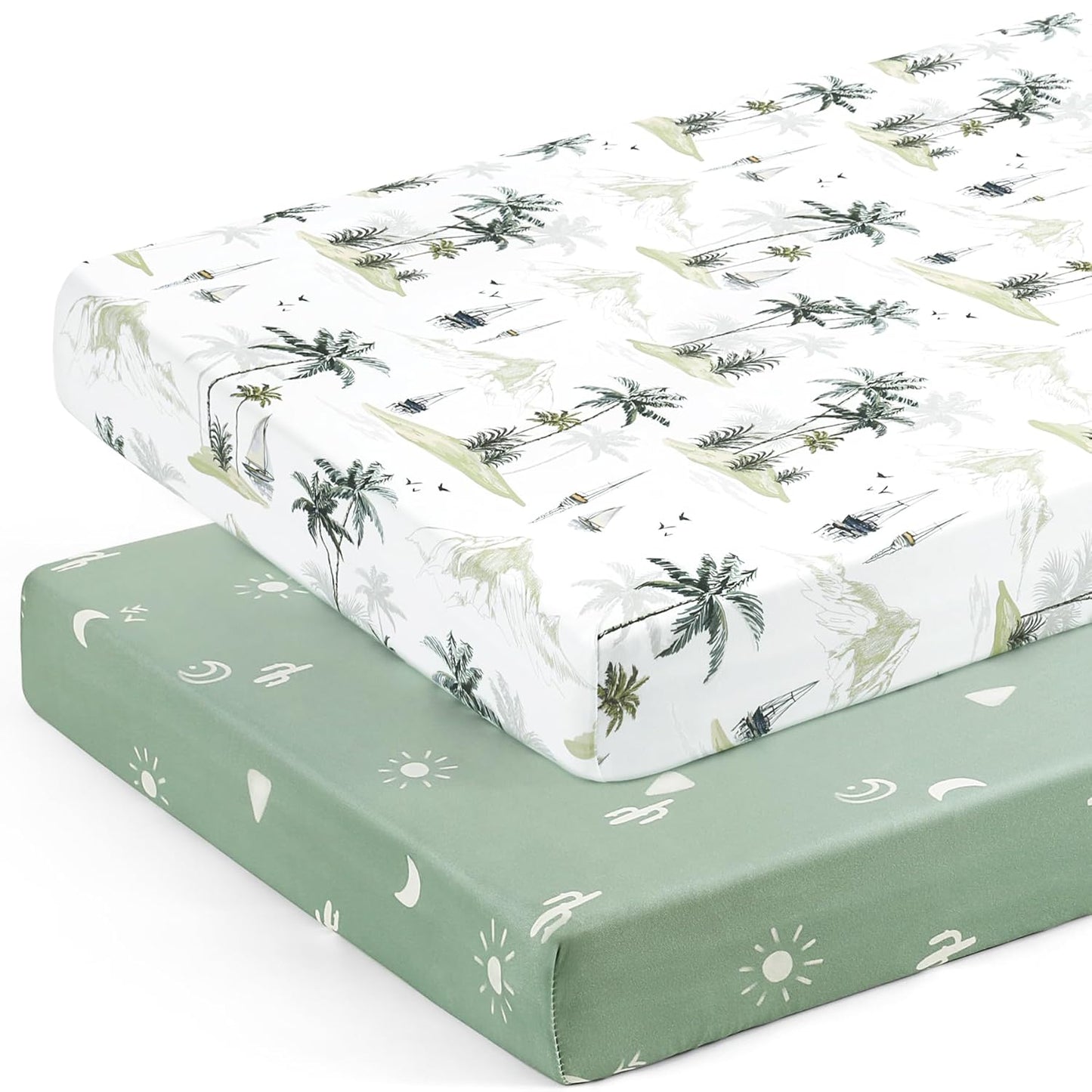 GRSSDER Stretch Ultra Soft Jersey Knit Fitted Pack n Play Playard Sheets Set 2 Pack，Fits Portable/Mini Cribs Sheets, Playards Mattress Pads, Stylish Watercolor Animals for Baby, Mint Green
