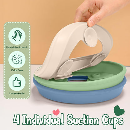 Teenyyou 3 Pack 8" Large Porcelain Toddler Plates Feeding Set, Ceramic Kids Suction Plates with Anti Slip Silicone Sleeve for Baby 3 Spoons and Forks Divided Kids (Blue,Green,Beige)