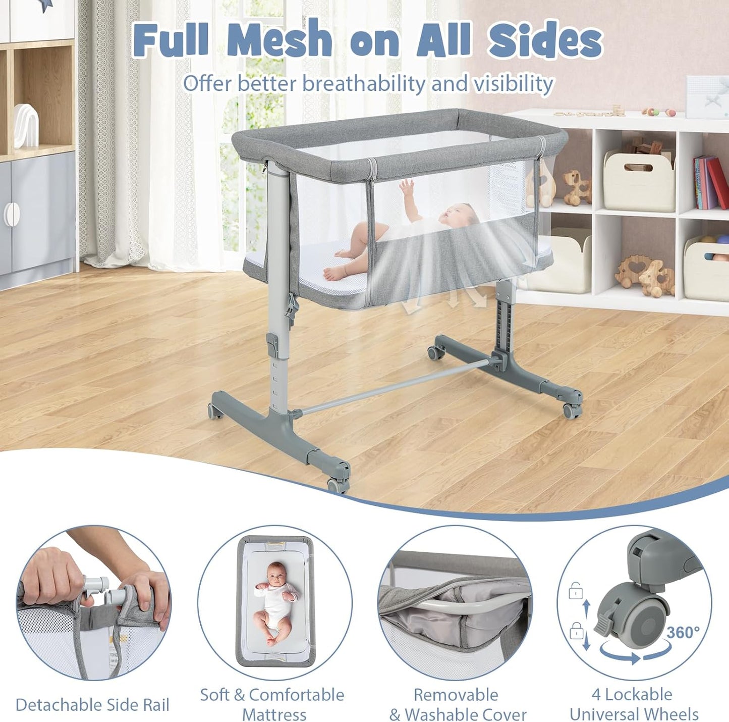 INFANS 3 in 1 Baby Bassinet, Bedside Sleeper for Newborn, Folding Crib with Mattress, Travel Bag, Wheels, 4-Sided Mesh, Easy to Assemble Cradle Co Sleeper Stationary, Rock (Dark Grey)