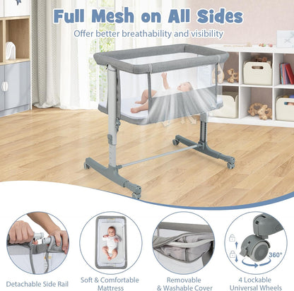 INFANS 3 in 1 Baby Bassinet, Bedside Sleeper for Newborn, Folding Crib with Mattress, Travel Bag, Wheels, 4-Sided Mesh, Easy to Assemble Cradle Co Sleeper Stationary, Rock (Dark Grey)