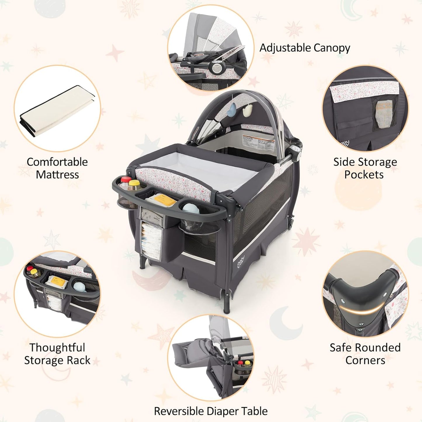 BABY JOY 4 in 1 Pack and Play, Portable Baby Playard with Bassinet & Flip-Away Changing Table, Canopy, Portable Bedside Crib with Storage Basket, Oxford Bag, Infant Bassinet from Newborn to Toddlers