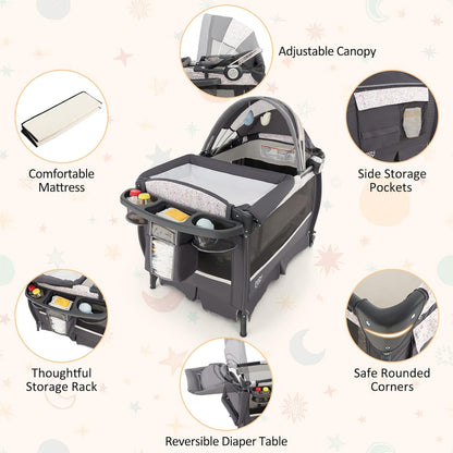 BABY JOY 4 in 1 Pack and Play, Portable Baby Playard with Bassinet & Flip-Away Changing Table, Canopy, Portable Bedside Crib with Storage Basket, Oxford Bag, Infant Bassinet from Newborn to Toddlers