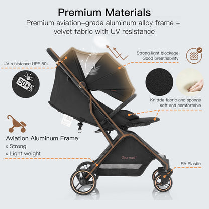 Gromast Gravity Folding Baby Stroller - Portable Travel Toddler Stroller w/Adjustable Backrest, Canopy & Cup Holder, Lightweight and UV Protected, One-Hand Automatic Folding - Green