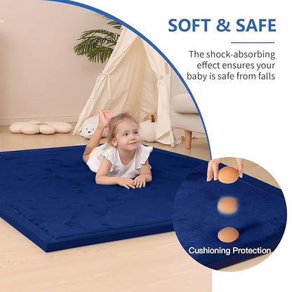 Huloo Sleep Baby Play Mat for Floor,1.3" Thick Elasti-Foam 50x50 Playpen Mat for Toddlers Infant Kids,Water-Repellent Soft Coral Velvet Tummy Time Non Slip Crawling,Tatami(Dark Blue)